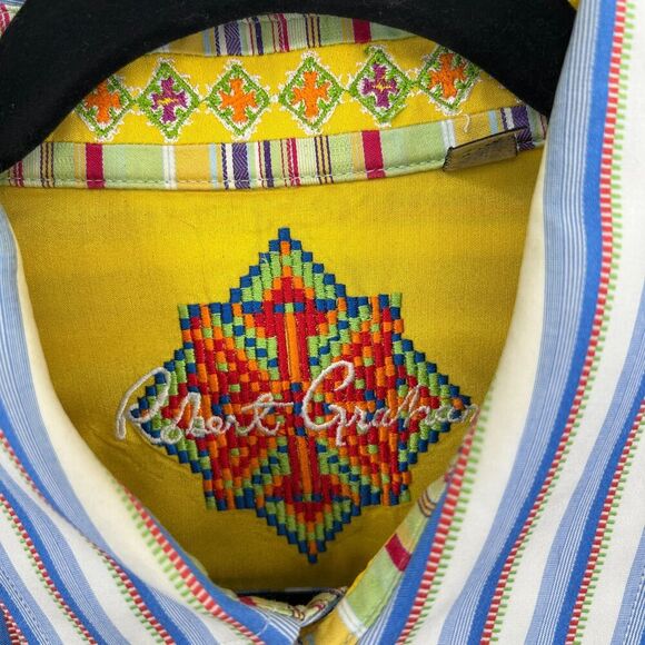 ROBERT GRAHAM Blue White Orange Stripe Embroidered Cuff Button Up Dress Shirt XL - Picture 8 of 9